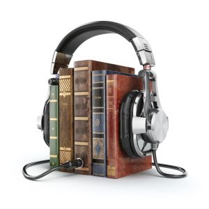 Audio books concept. Vintage books and headphones. 3d